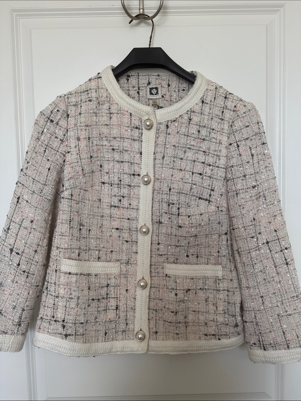 Anne Klein Cream Tweed Jacket with Pink & Black Threading